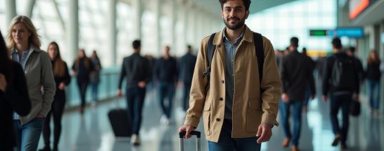 Business traveler walking through busy airport terminal with suitcase