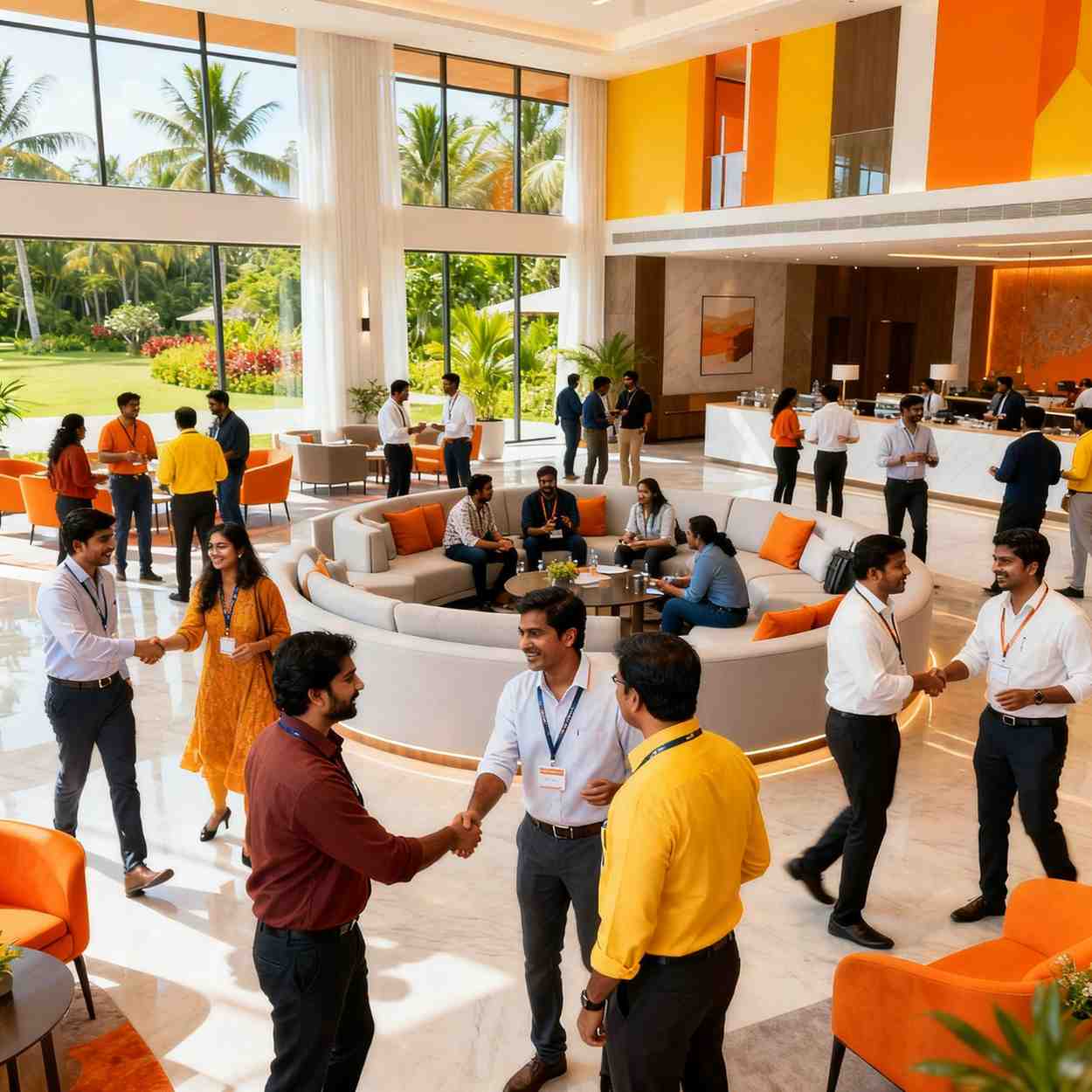 Corporate incentive travel workshop with professionals networking at a conference resort in India